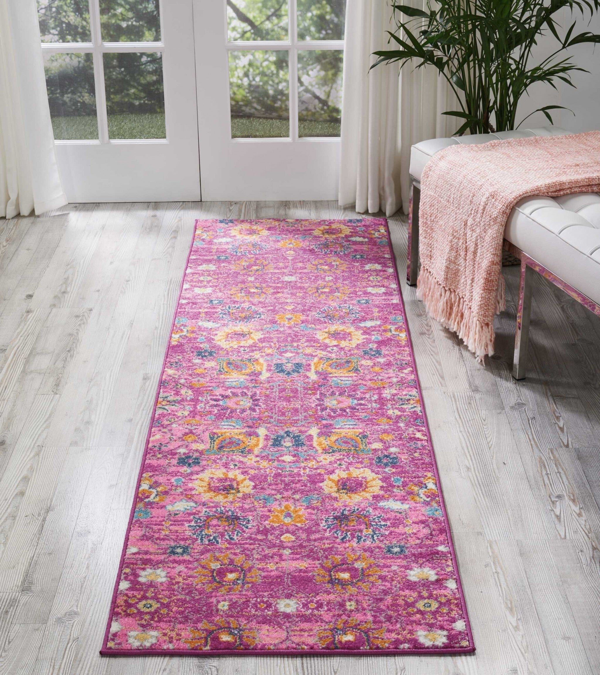 2' X 8' Fuchsia And Orange Distressed Runner Rug