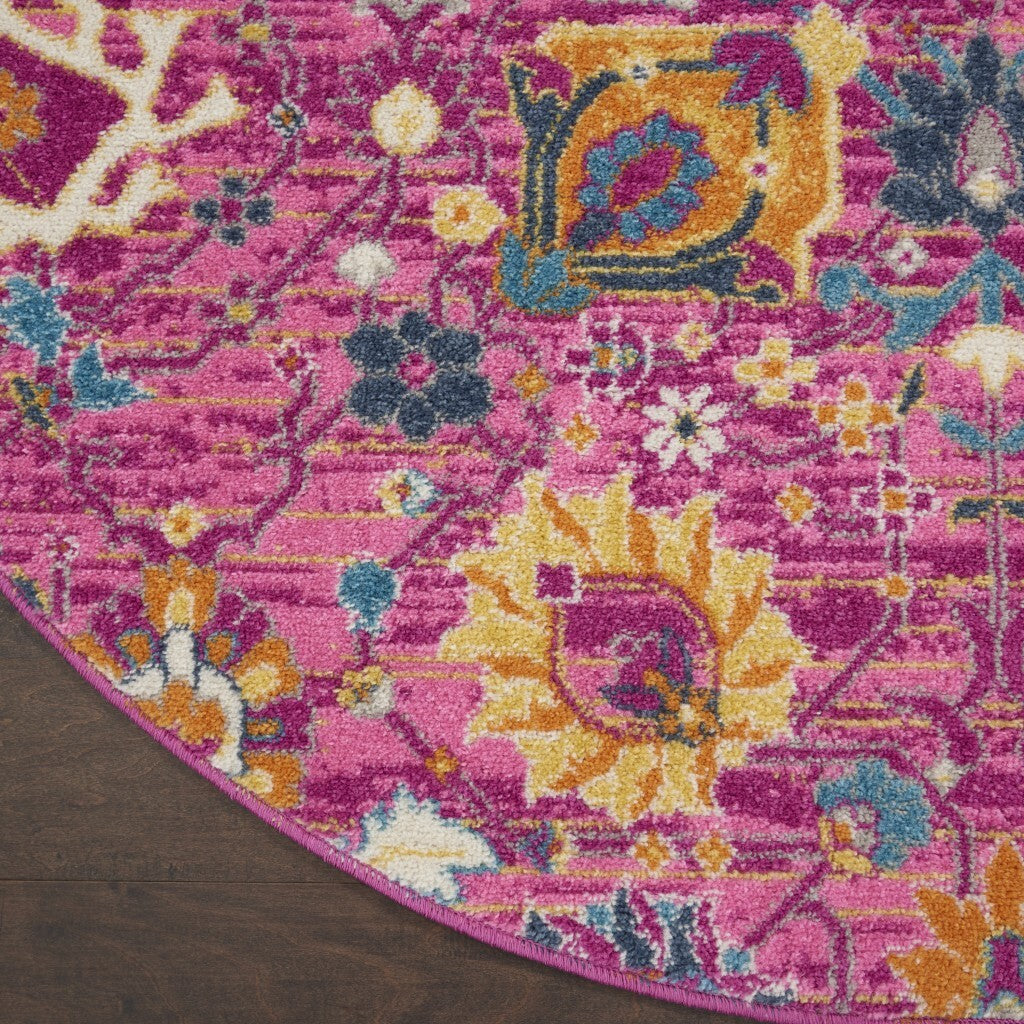 5' Round Fuchsia And Orange Distressed Area Rug