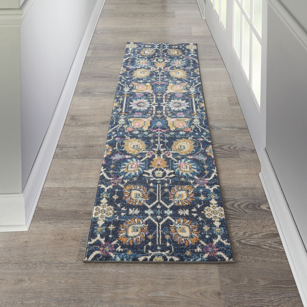 2' X 8' Navy Blue Floral Buds Runner Rug