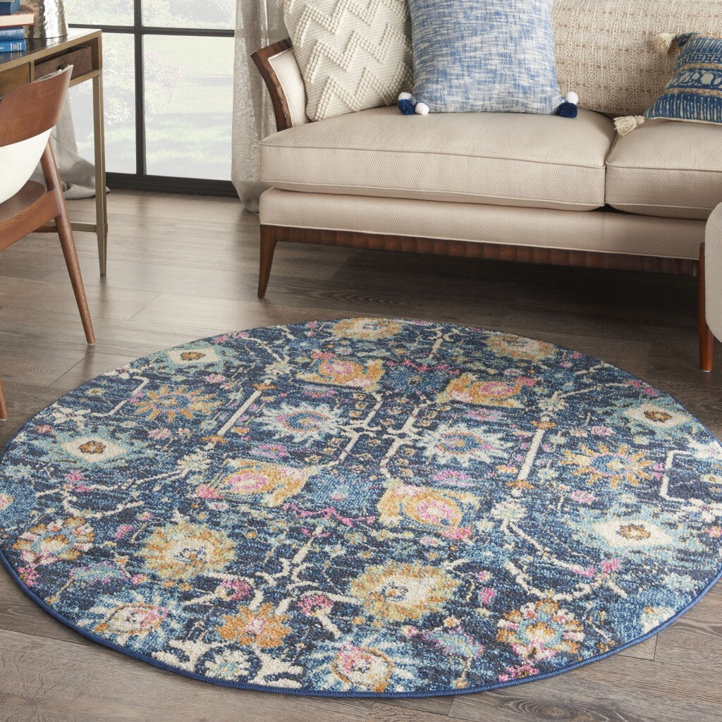 4' Round Navy Blue Floral Buds Area Rug