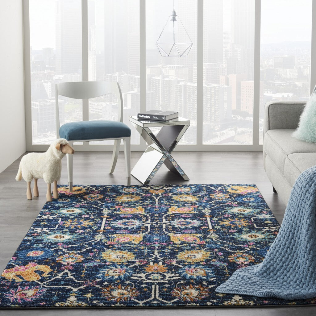 5' X 7' Navy Blue Floral Buds Area Rug