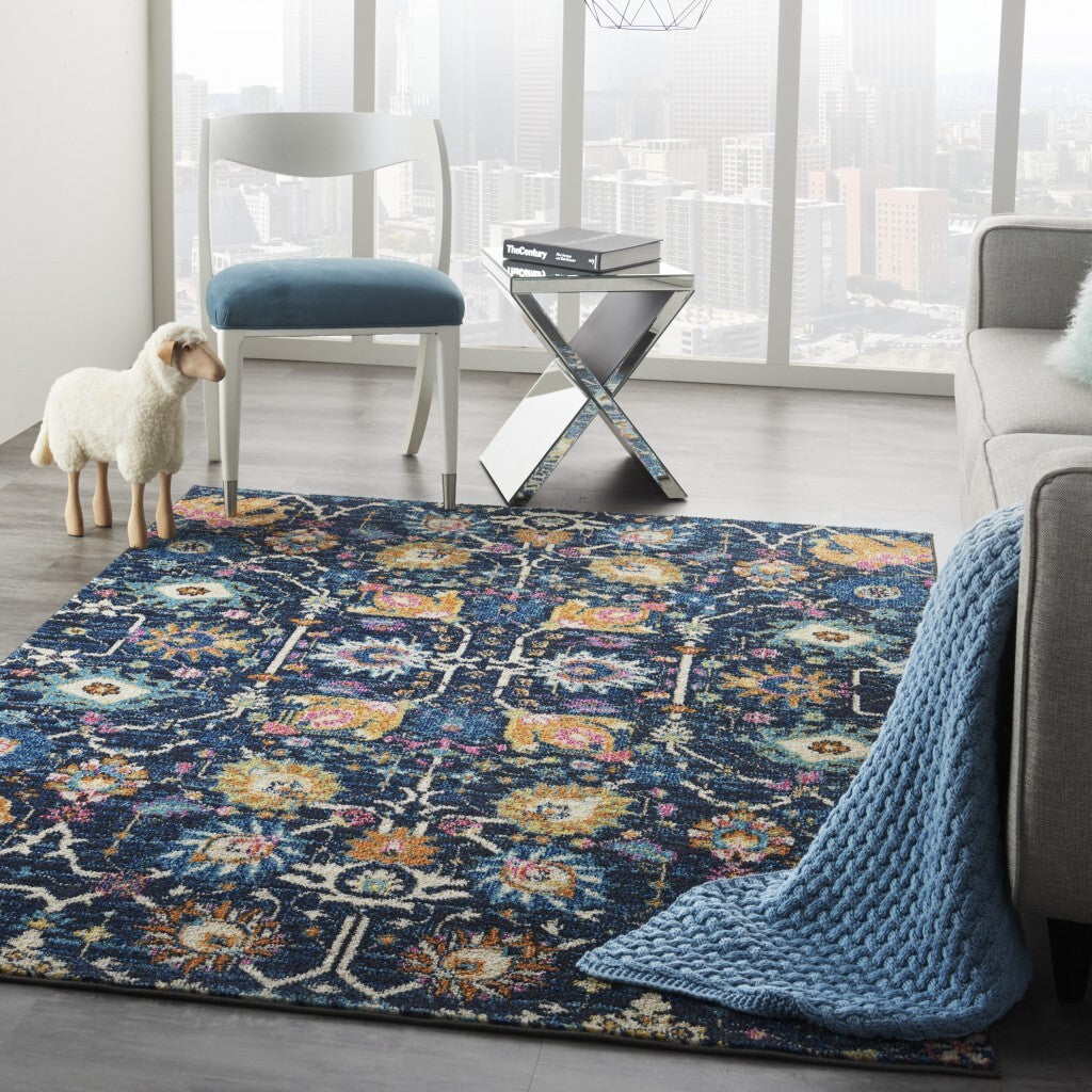 5' X 7' Navy Blue Floral Buds Area Rug
