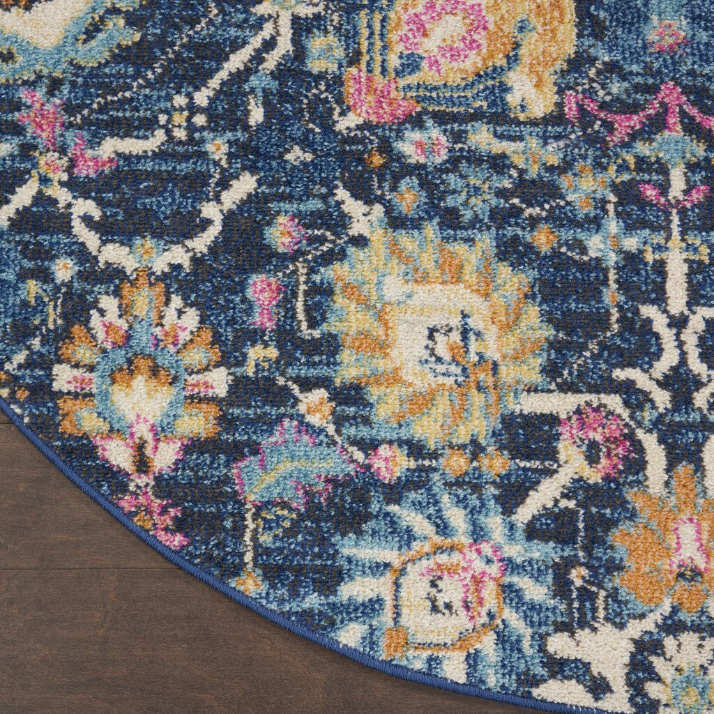 5' Round Navy Blue Floral Buds Area Rug