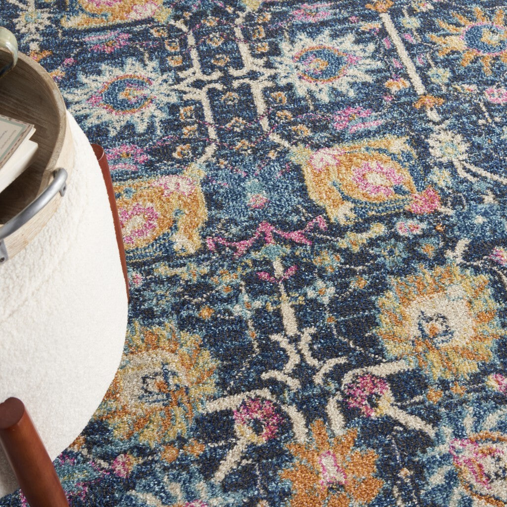 5' Round Navy Blue Floral Buds Area Rug