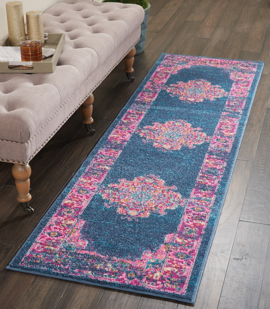 2' X 10' Blue And Pink Medallion Runner Rug