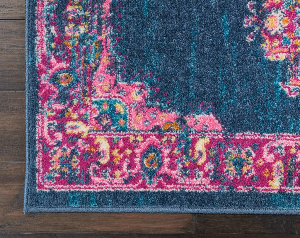 2' X 10' Blue And Pink Medallion Runner Rug