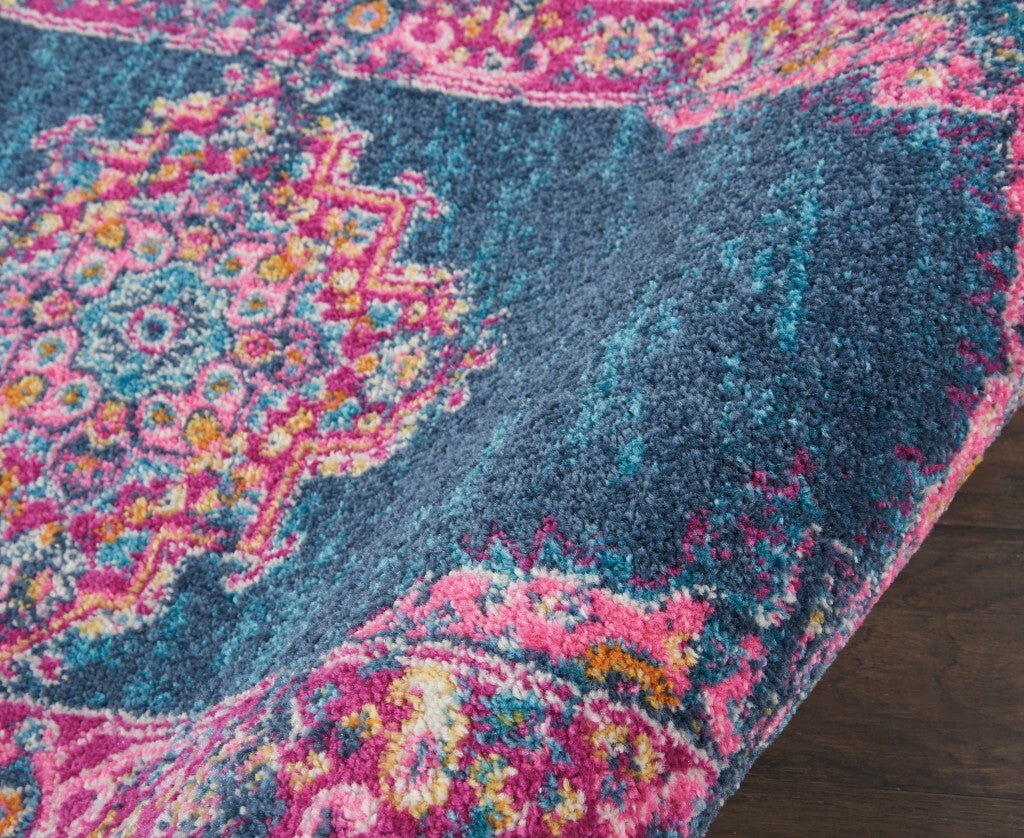 2' X 10' Blue And Pink Medallion Runner Rug