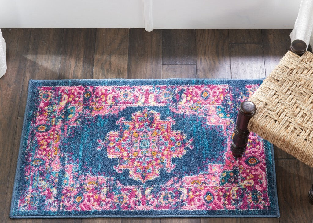 2' X 3' Blue And Pink Medallion Scatter Rug