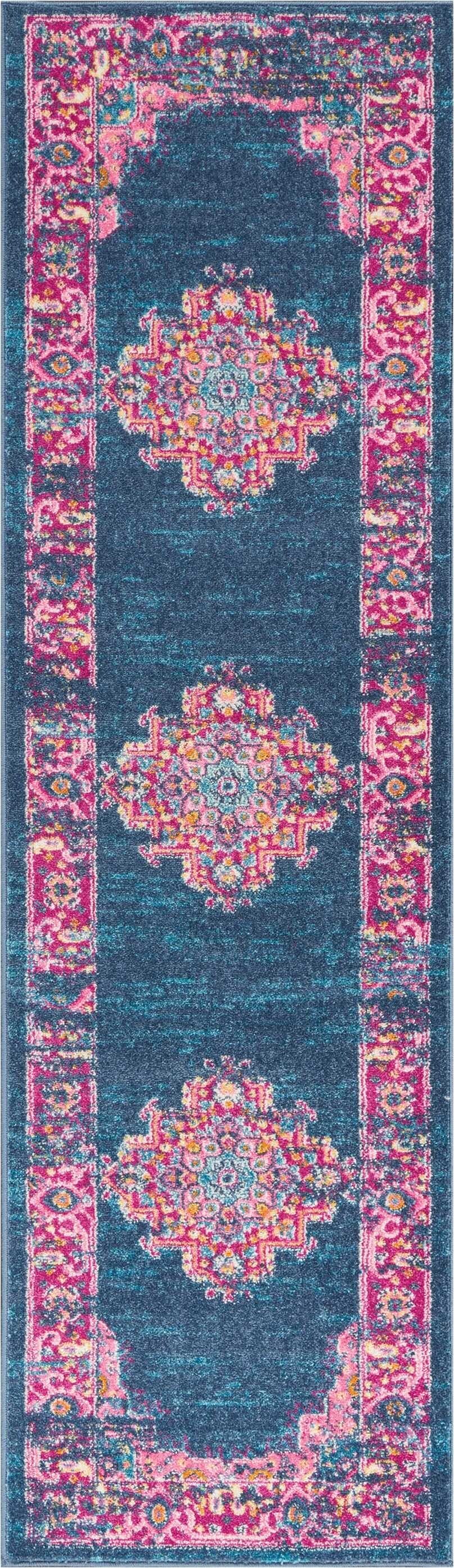 2' X 8' Blue And Pink Medallion Runner Rug