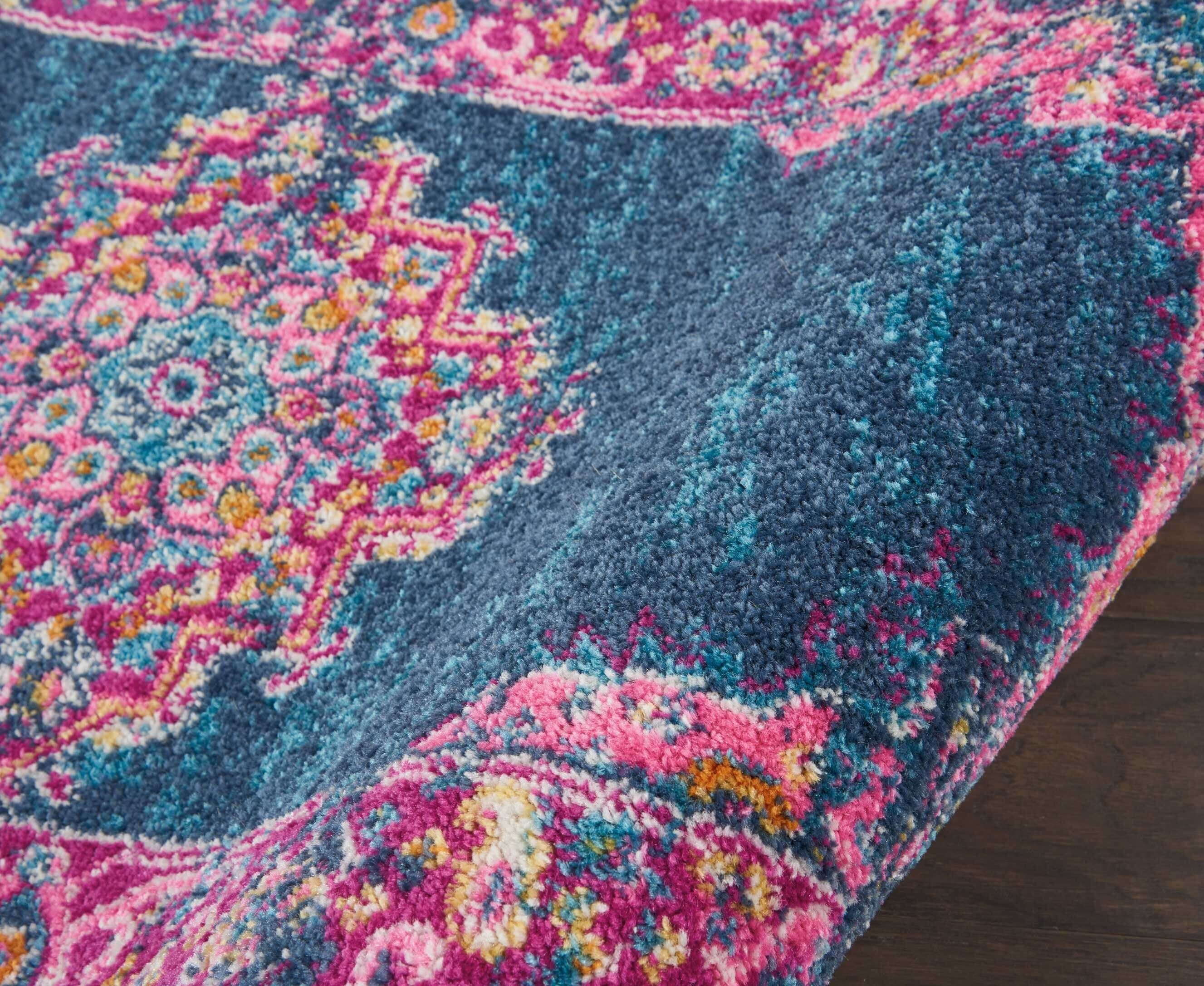 2' X 8' Blue And Pink Medallion Runner Rug