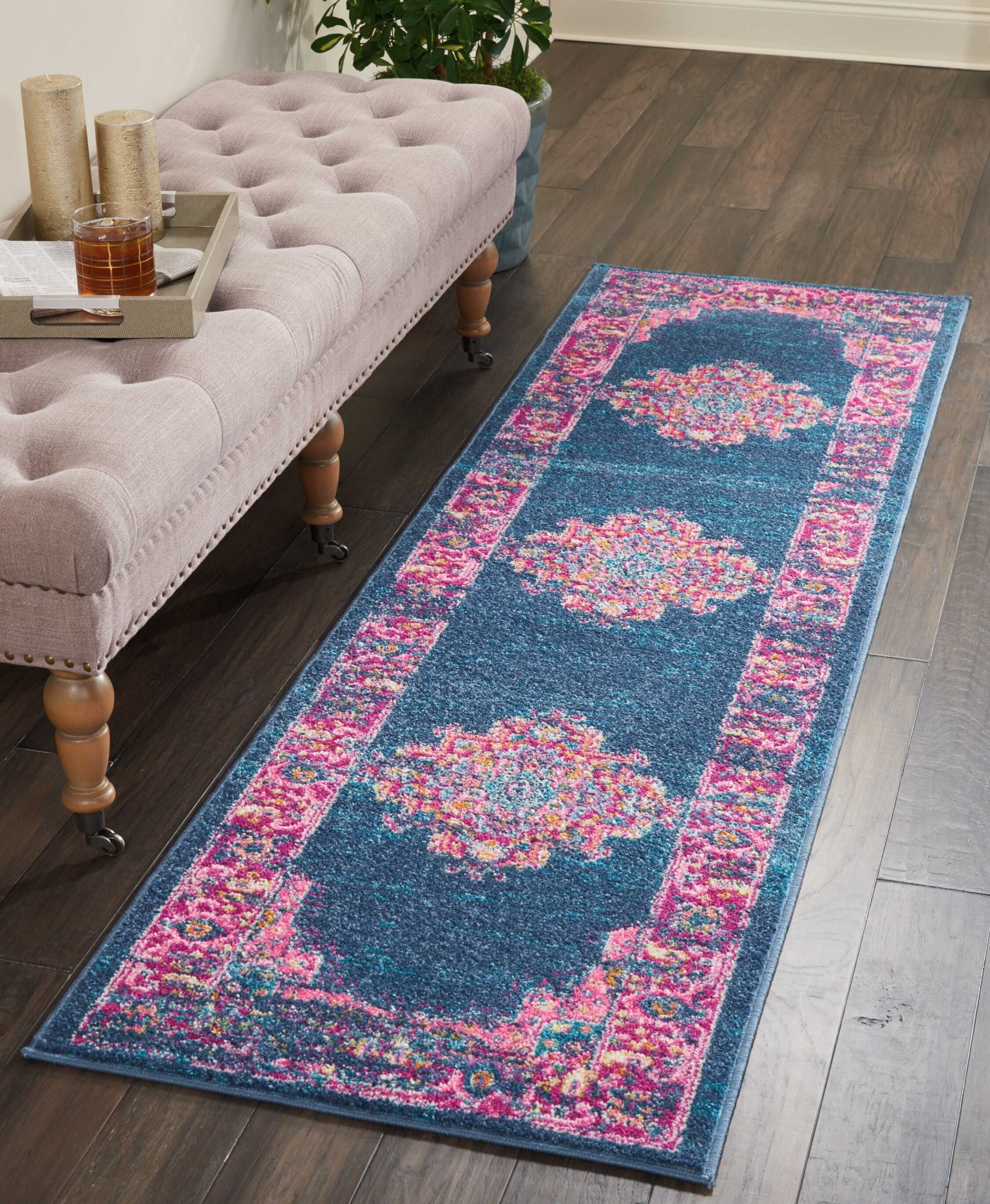 2' X 8' Blue And Pink Medallion Runner Rug
