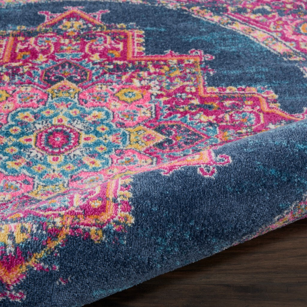 8' Round Blue And Pink Medallion Area Rug