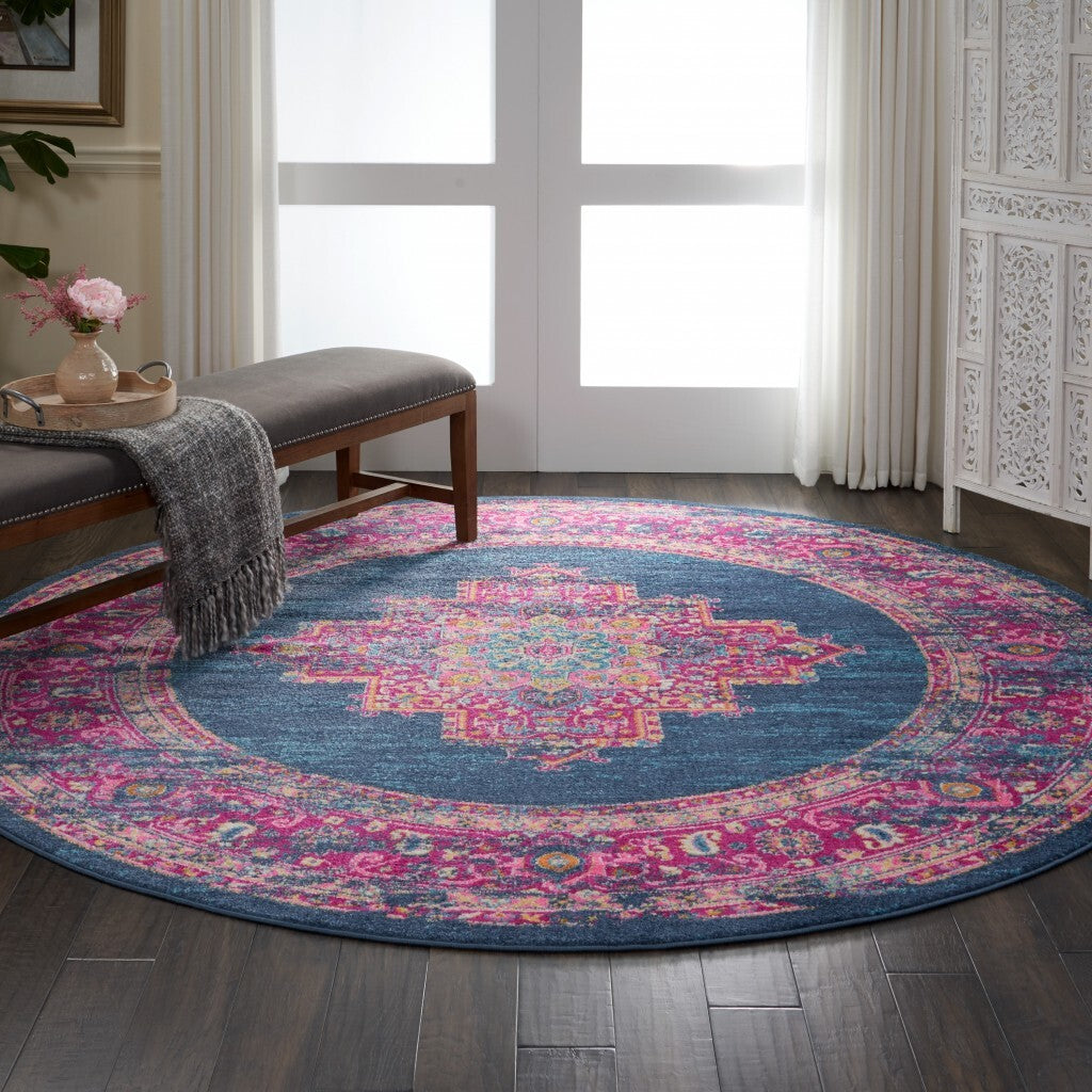 8' Round Blue And Pink Medallion Area Rug
