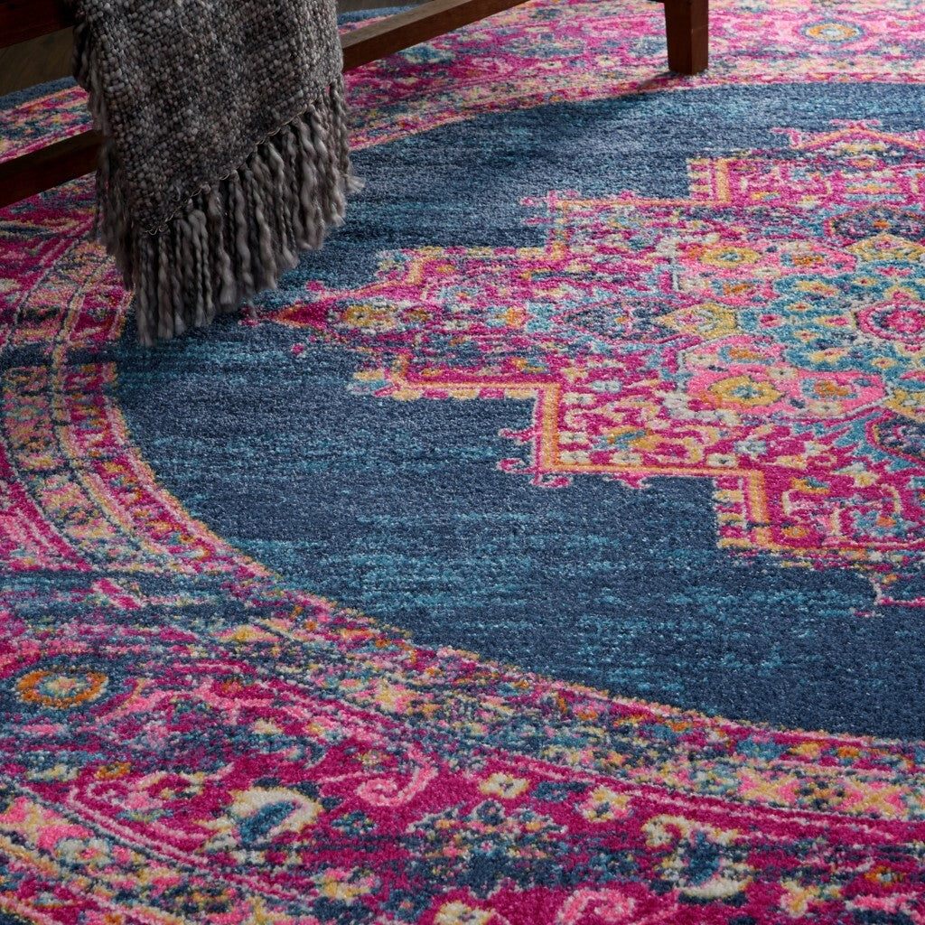 8' Round Blue And Pink Medallion Area Rug