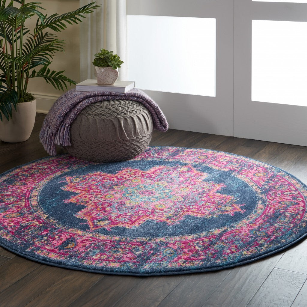 8' Round Blue And Pink Medallion Area Rug