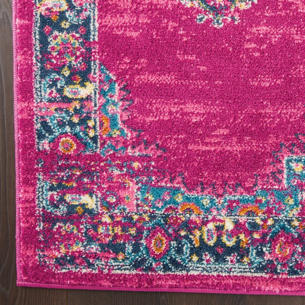 2' X 10' Fuchsia And Blue Distressed Runner Rug