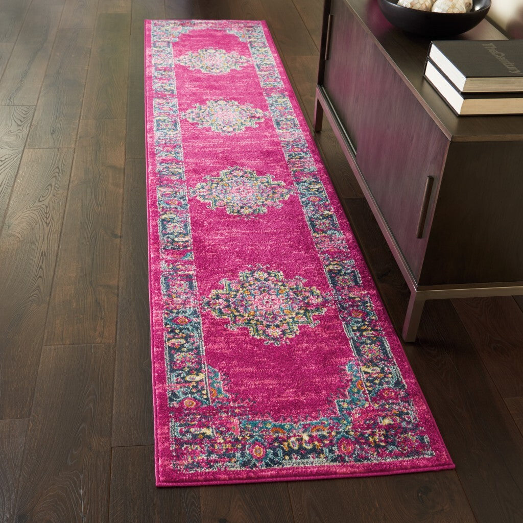 2' X 10' Fuchsia And Blue Distressed Runner Rug