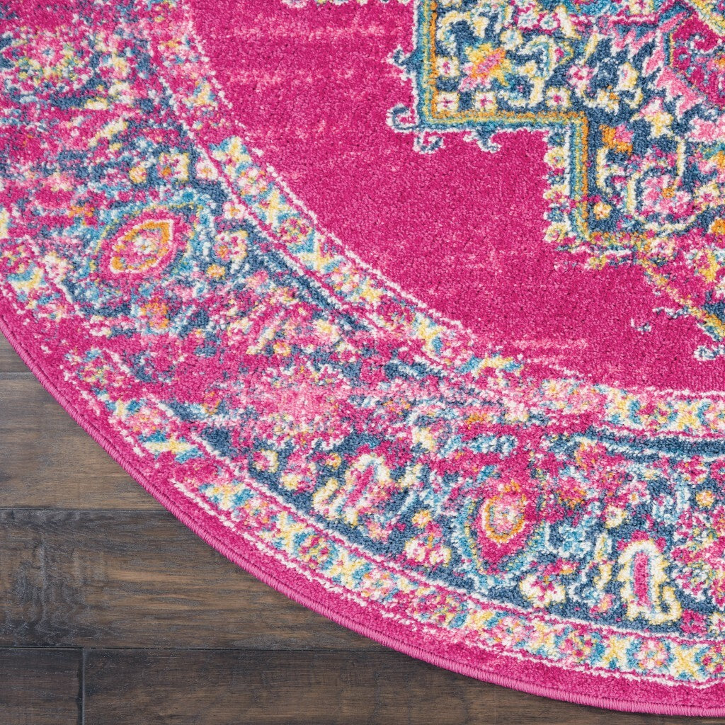 4' Round Fuchsia And Blue Distressed Area Rug