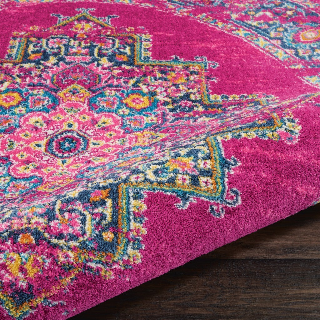 4' Round Fuchsia And Blue Distressed Area Rug