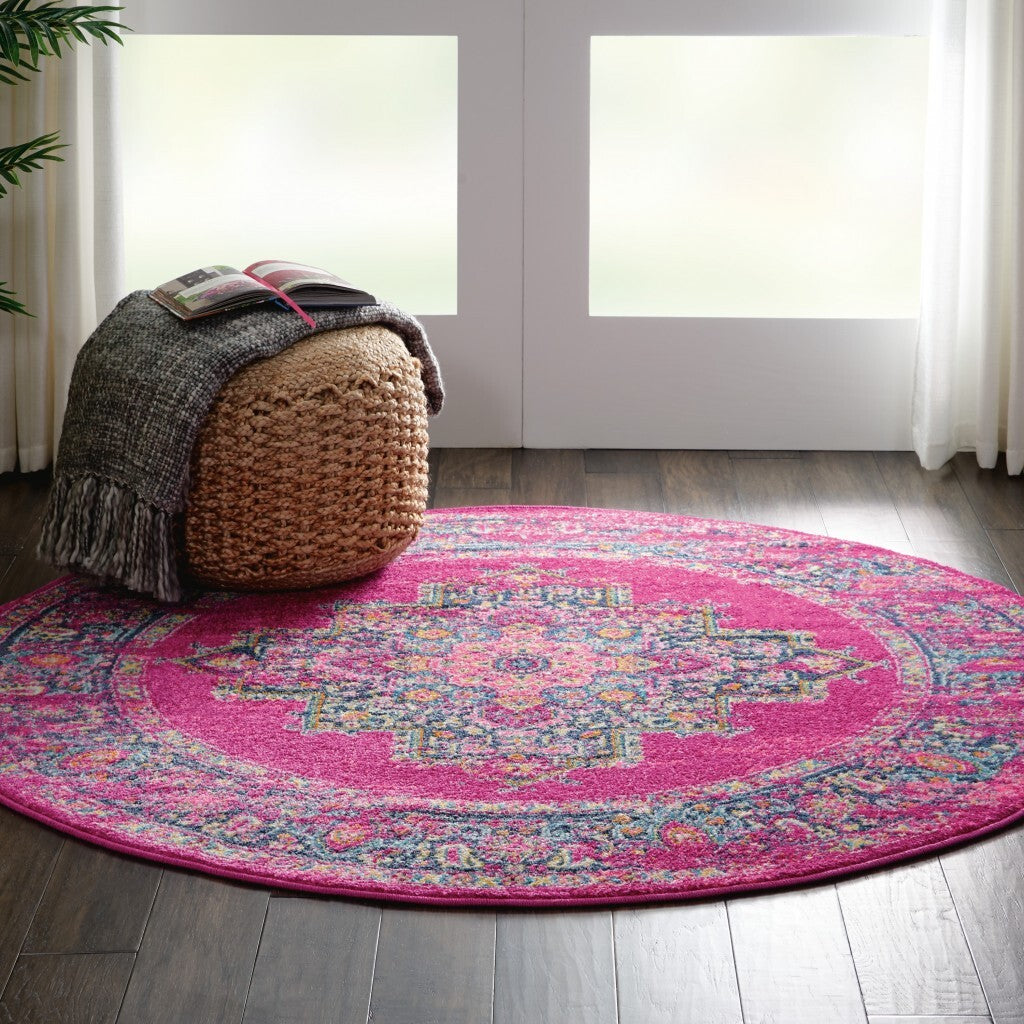 4' Round Fuchsia And Blue Distressed Area Rug