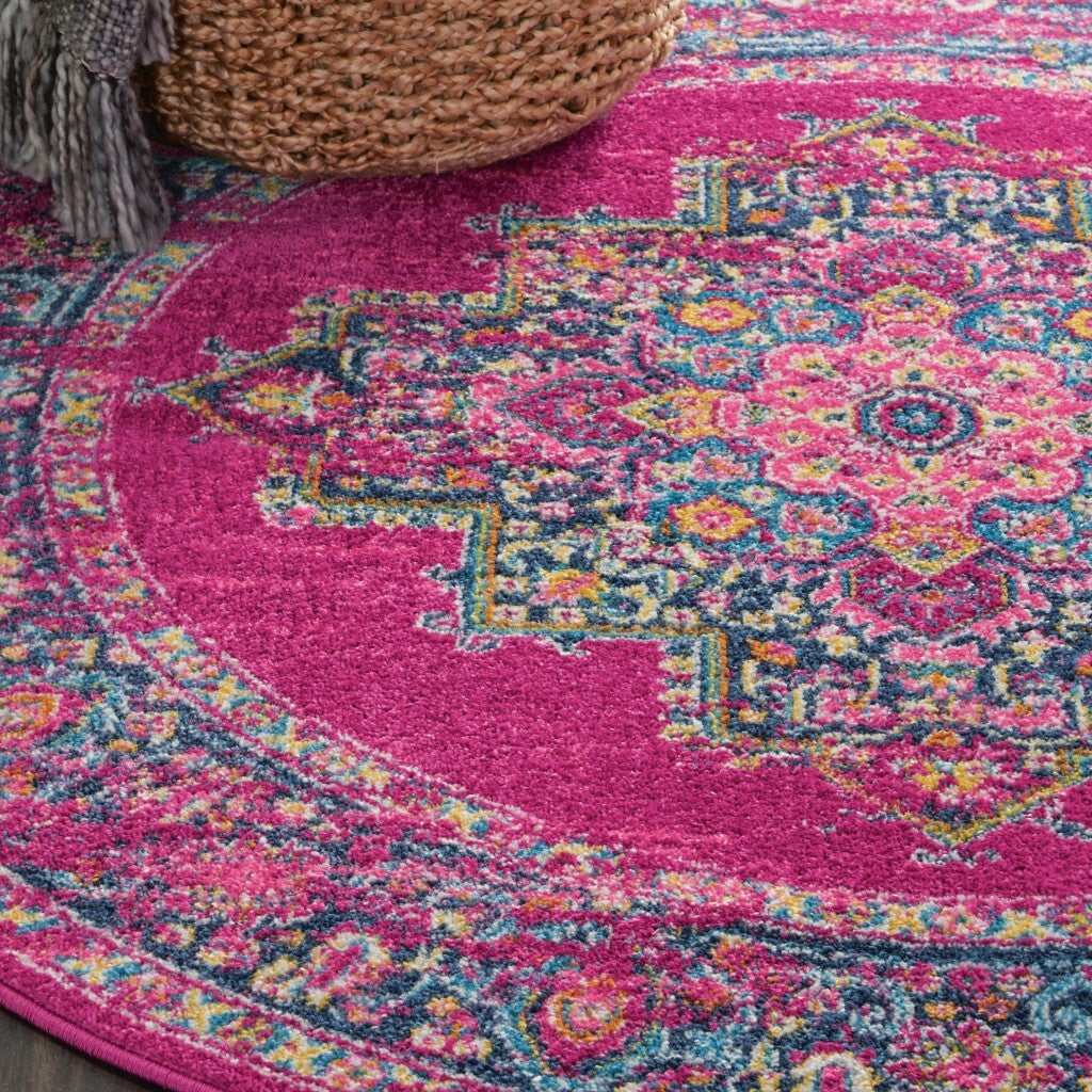 4' Round Fuchsia And Blue Distressed Area Rug
