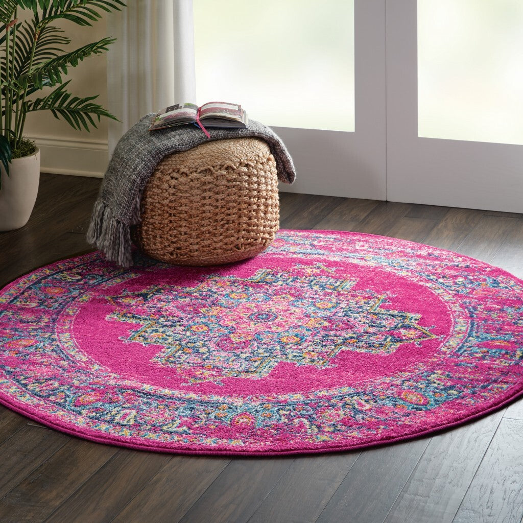 4' Round Fuchsia And Blue Distressed Area Rug