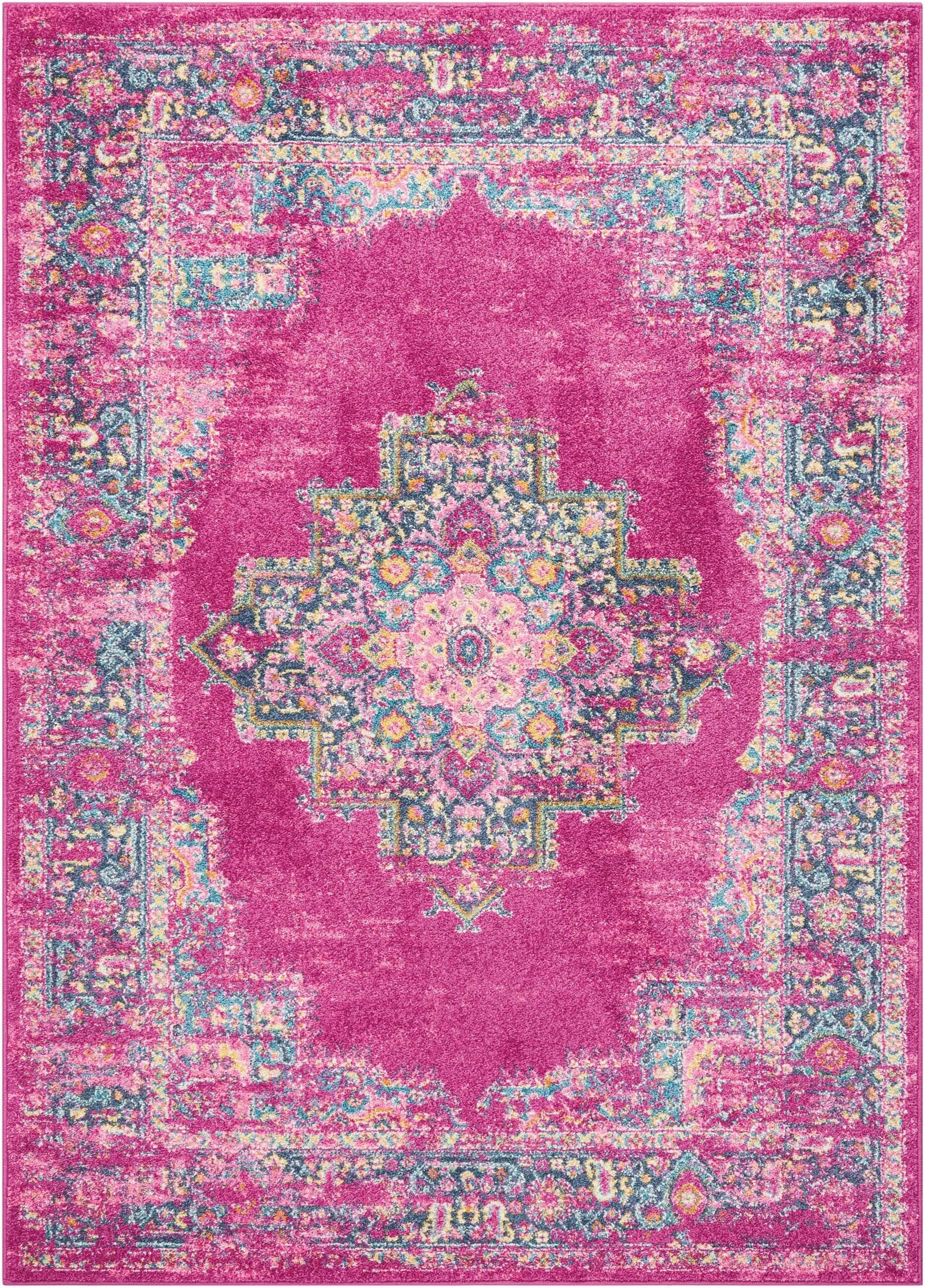 5' X 7' Fuchsia And Blue Distressed Area Rug