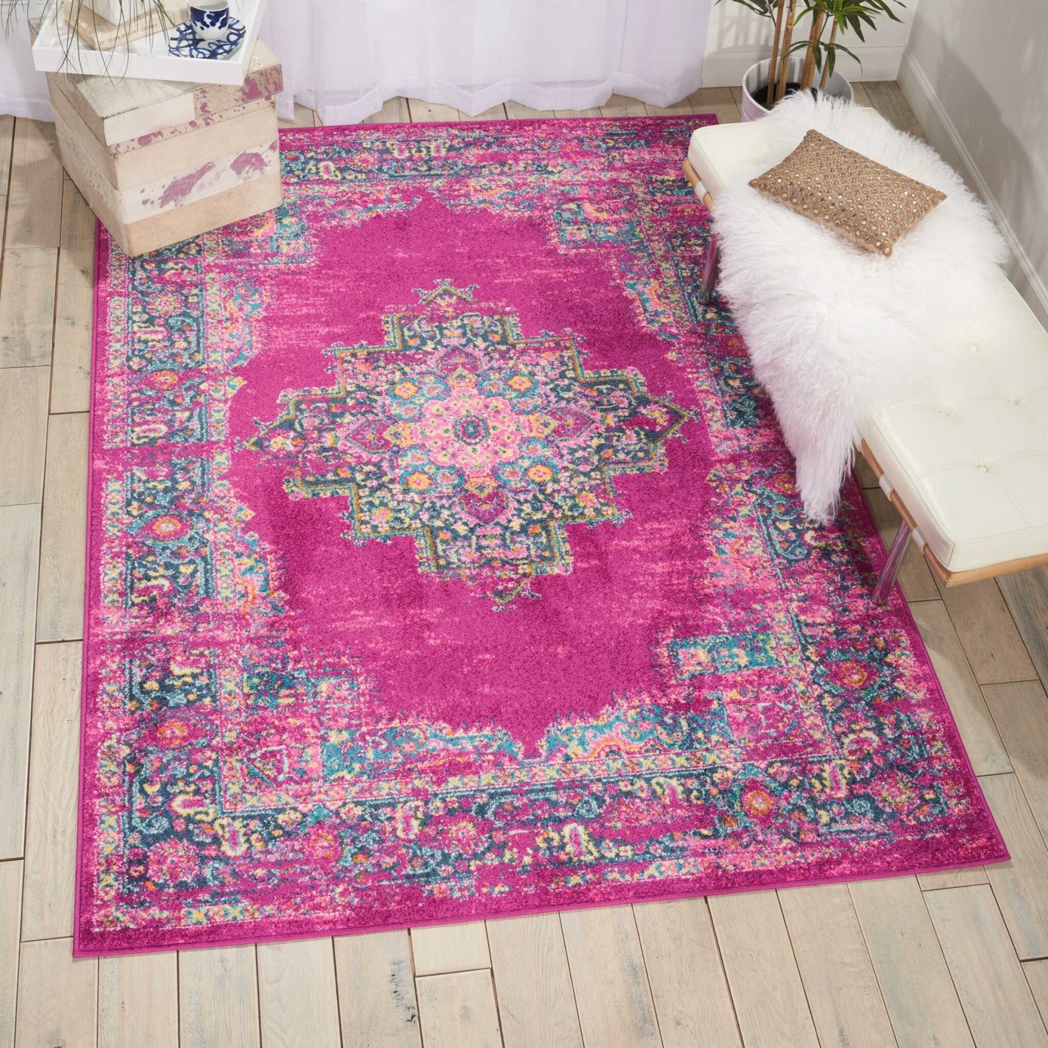 5' X 7' Fuchsia And Blue Distressed Area Rug