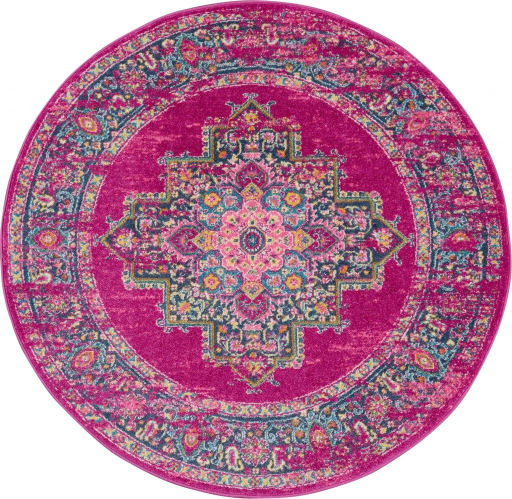 5' Round Fuchsia And Blue Distressed Area Rug