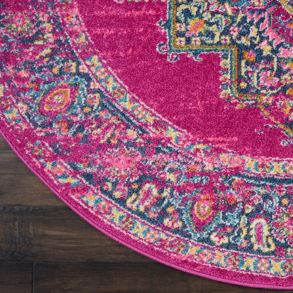 5' Round Fuchsia And Blue Distressed Area Rug