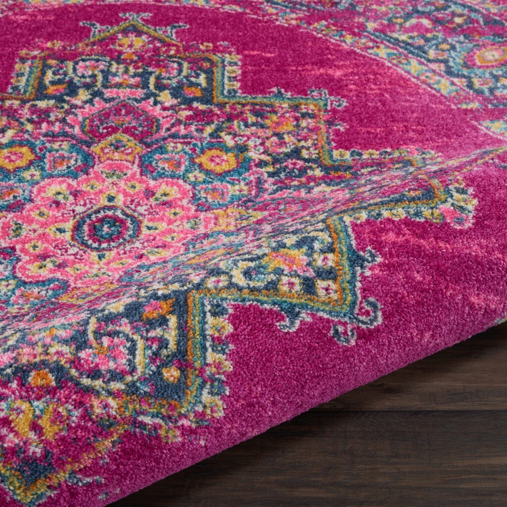 5' Round Fuchsia And Blue Distressed Area Rug