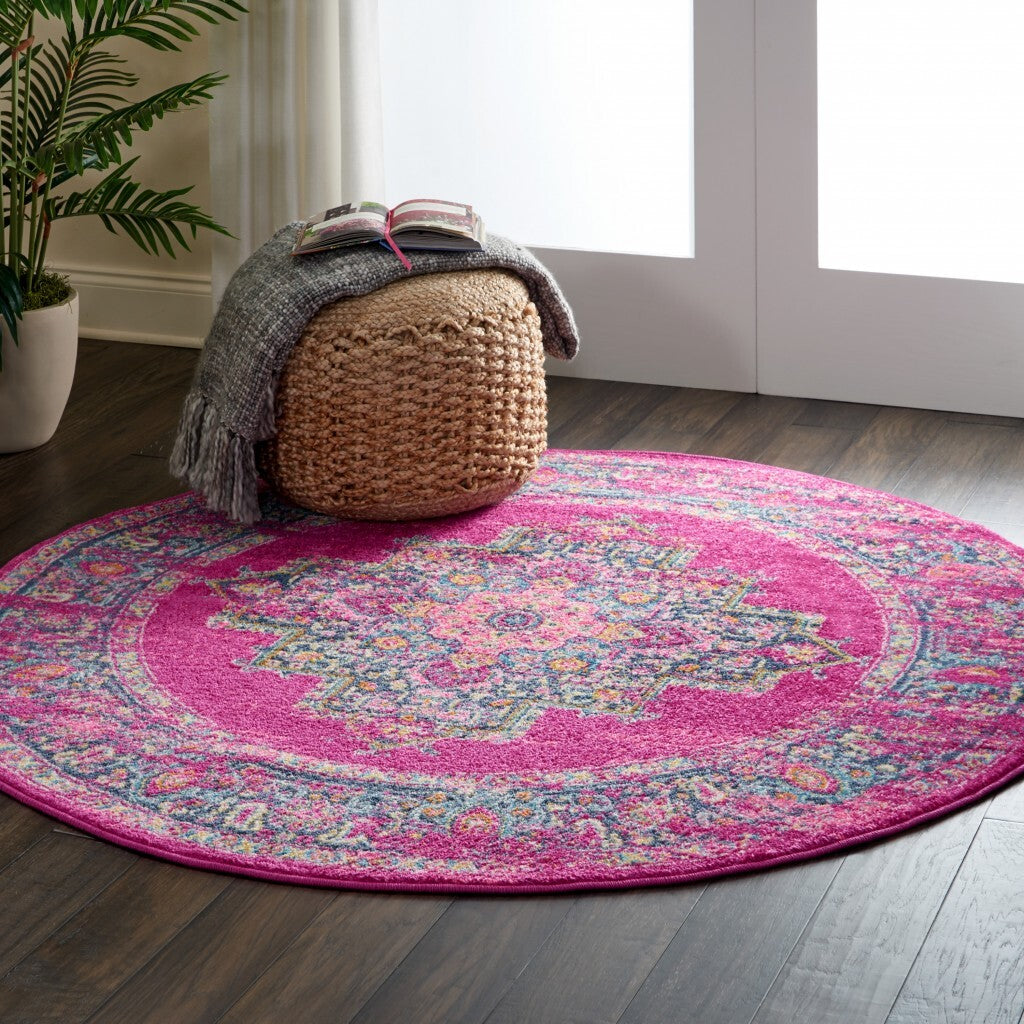 5' Round Fuchsia And Blue Distressed Area Rug