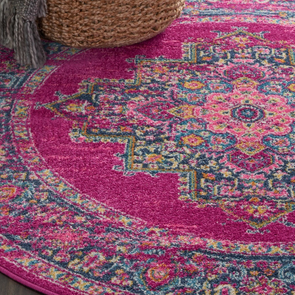 5' Round Fuchsia And Blue Distressed Area Rug