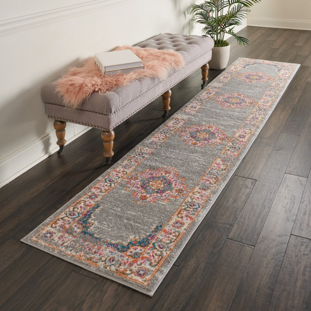 2' X 10' Gray And Gold Medallion Runner Rug