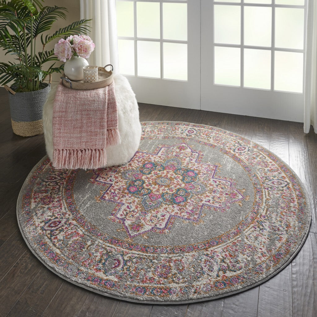 4' Round Gray And Gold Medallion Area Rug