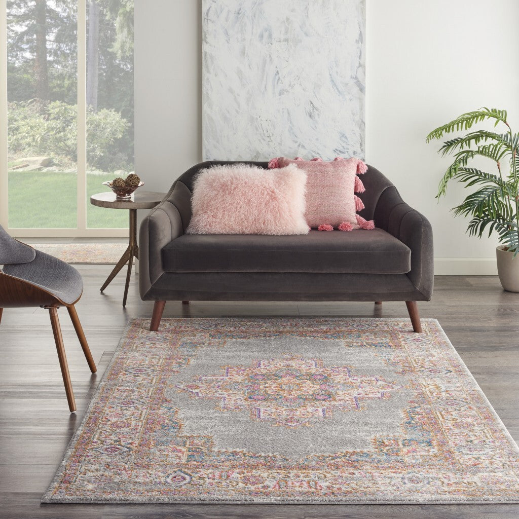 5' X 7' Gray And Gold Medallion Area Rug