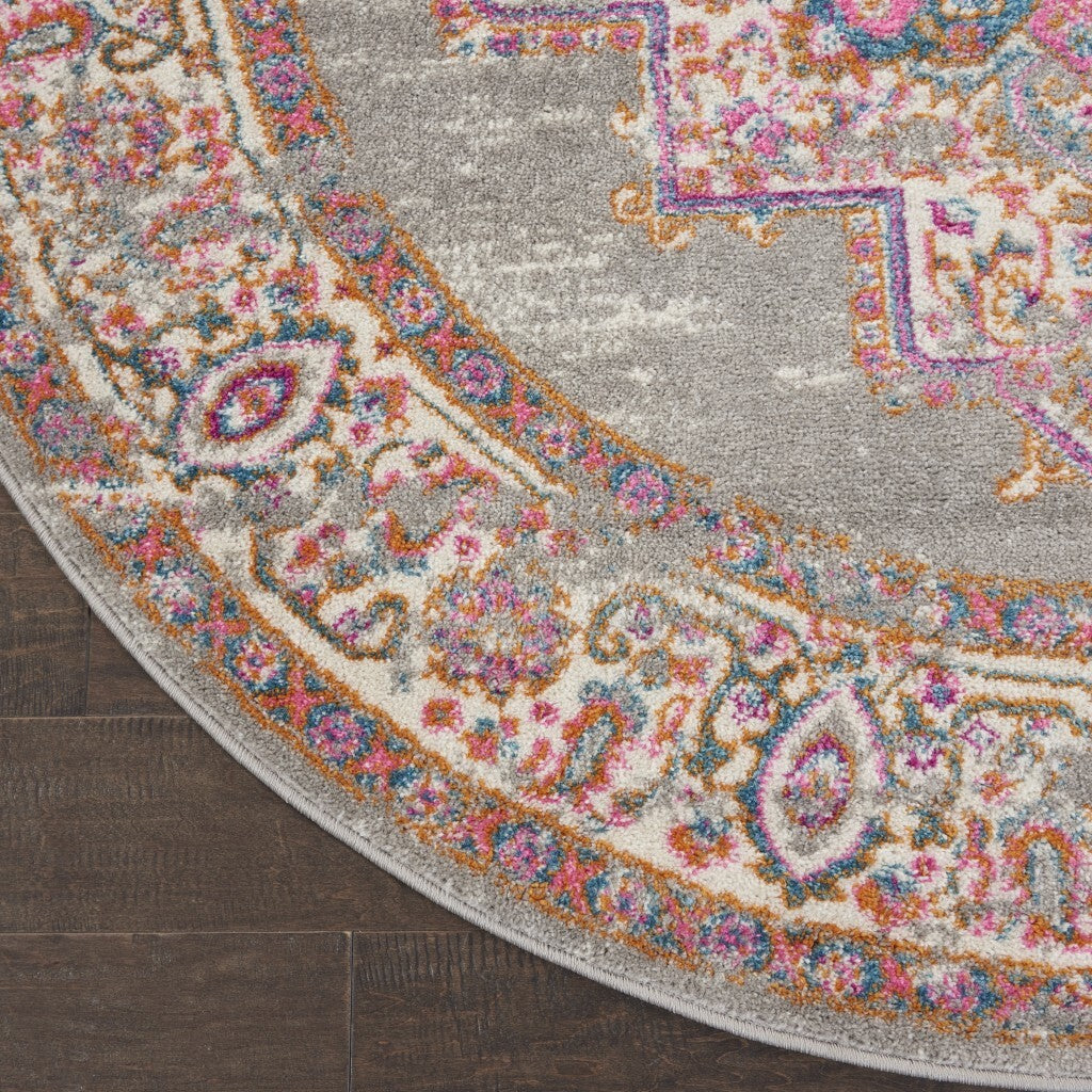8' Round Gray And Gold Medallion Area Rug