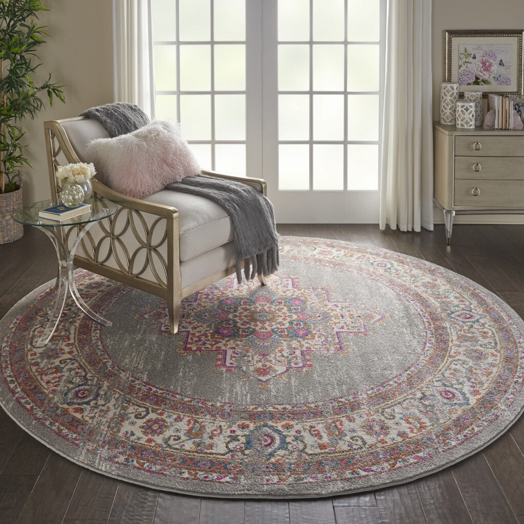 8' Round Gray And Gold Medallion Area Rug