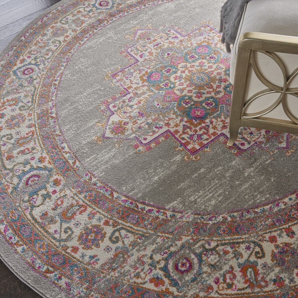 8' Round Gray And Gold Medallion Area Rug