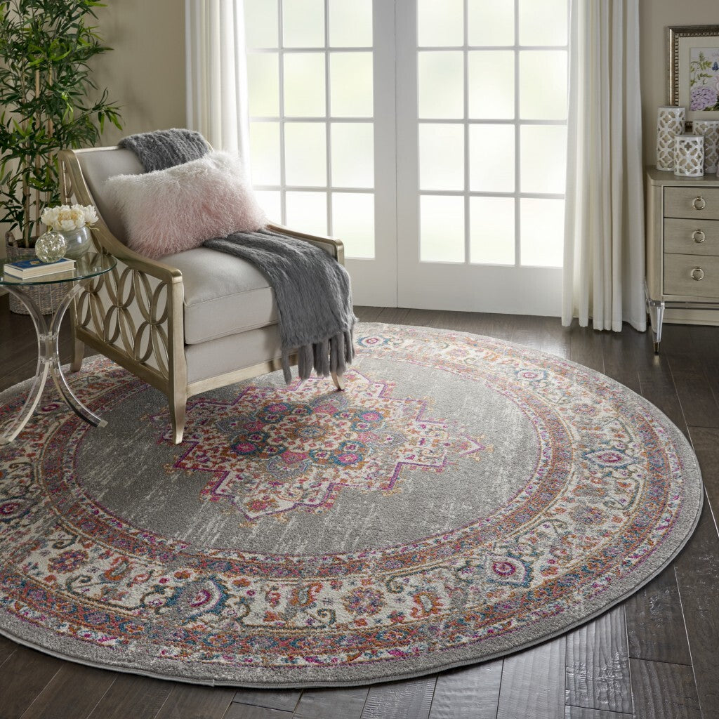 8' Round Gray And Gold Medallion Area Rug