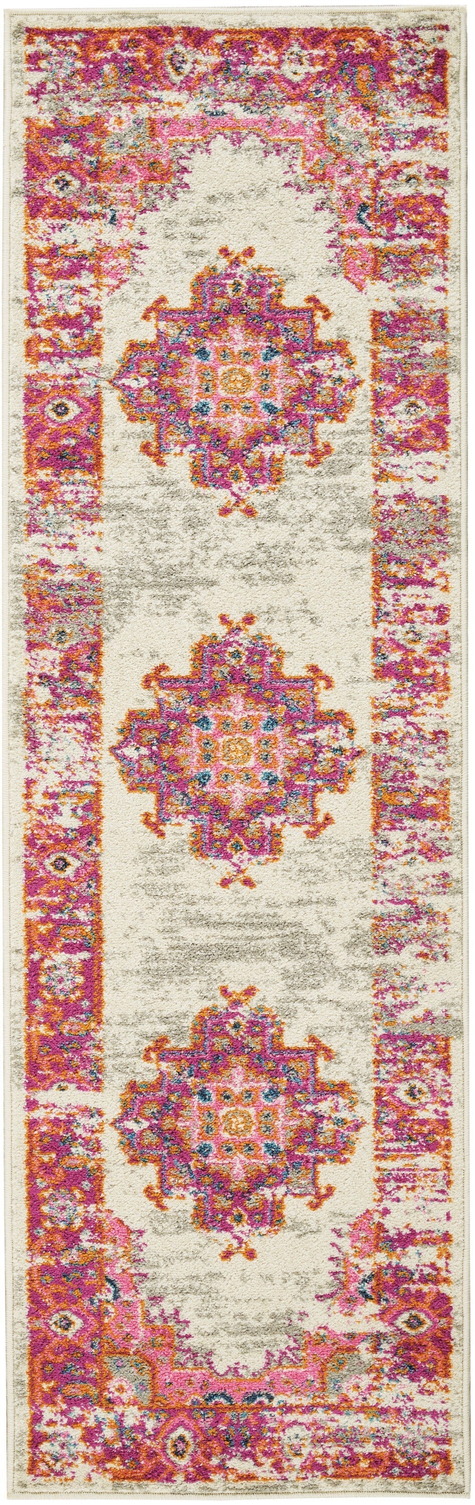 2' X 6' Ivory And Fuchsia Distressed Runner Rug