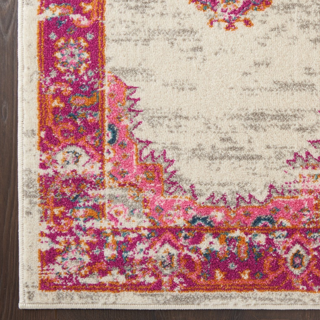 2' X 6' Ivory And Fuchsia Distressed Runner Rug