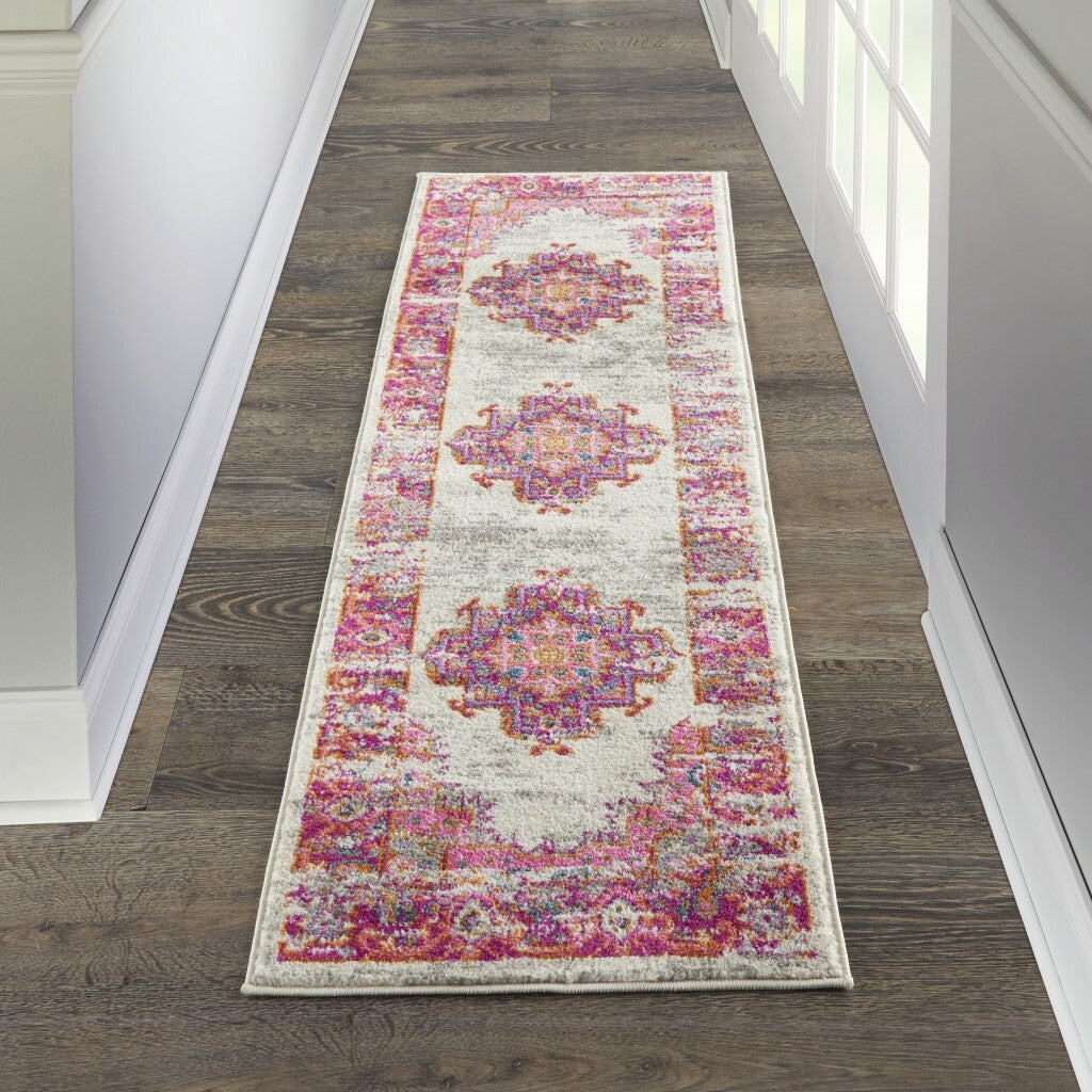 2' X 6' Ivory And Fuchsia Distressed Runner Rug