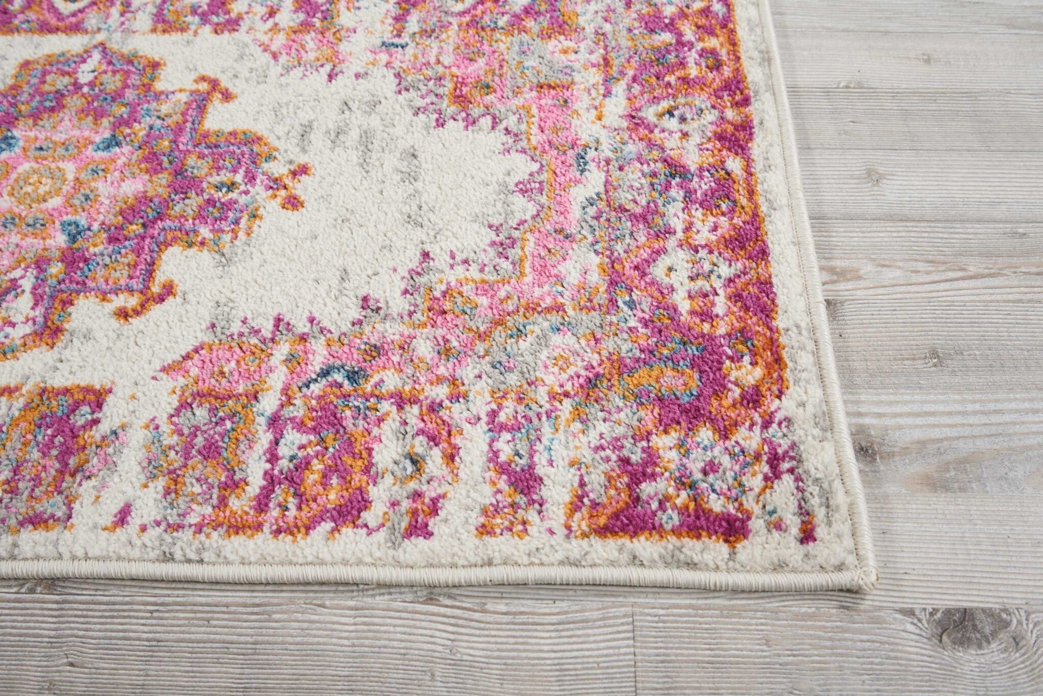 2' X 6' Ivory And Fuchsia Distressed Runner Rug