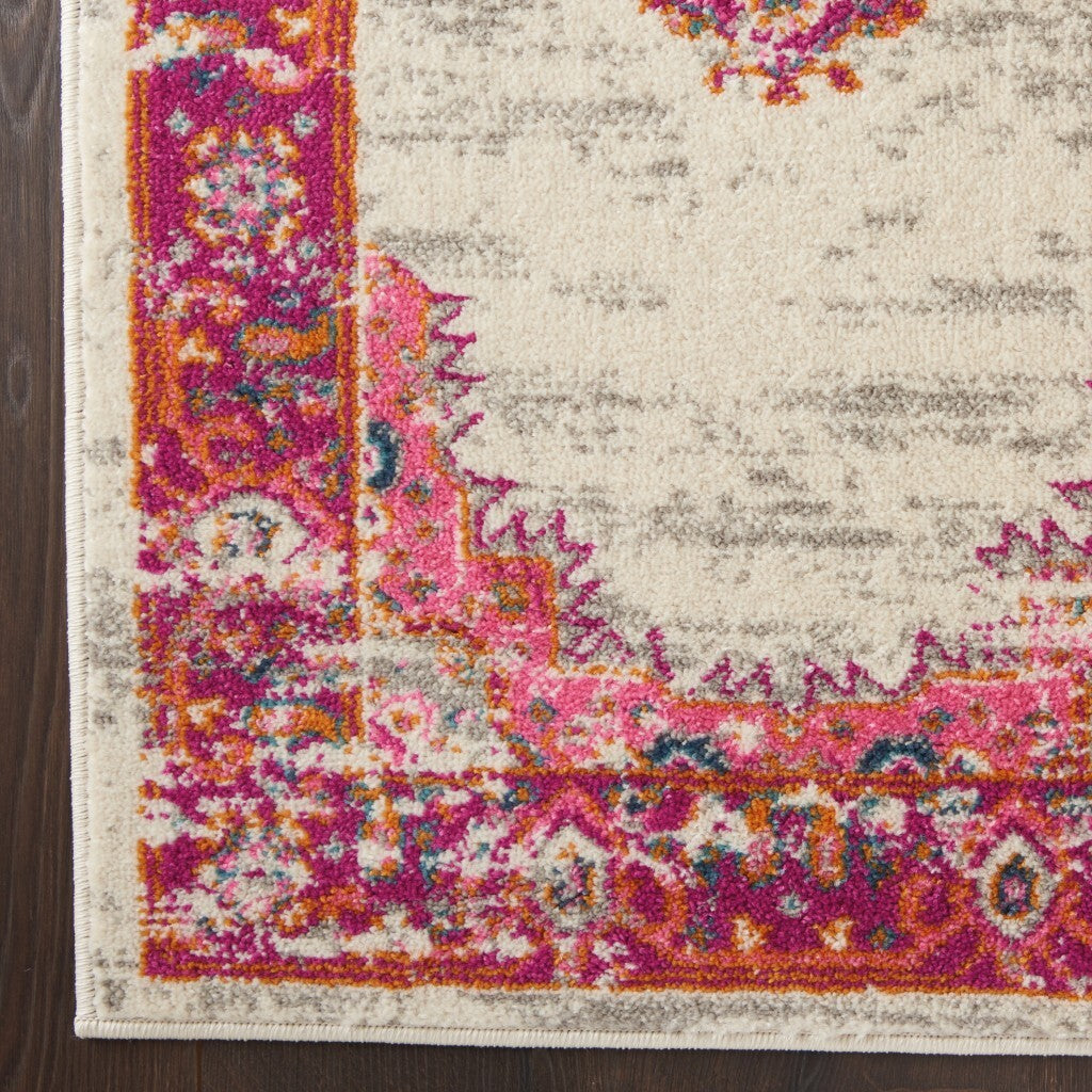 2' X 10' Ivory And Fuchsia Distressed Runner Rug