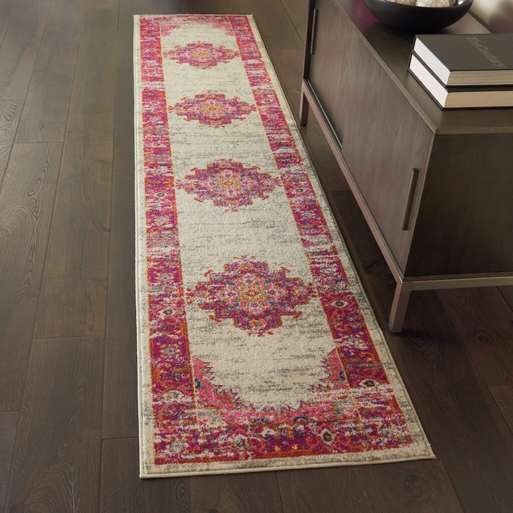 2' X 10' Ivory And Fuchsia Distressed Runner Rug