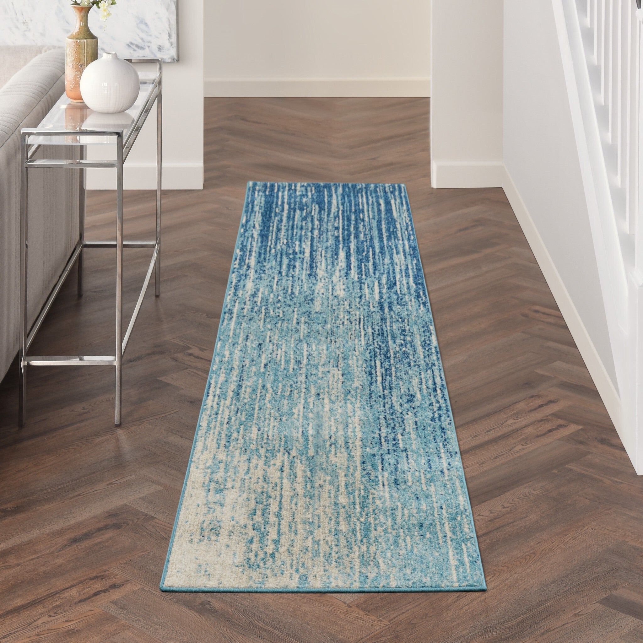 2' X 10' Navy And Light Blue Abstract Runner Rug