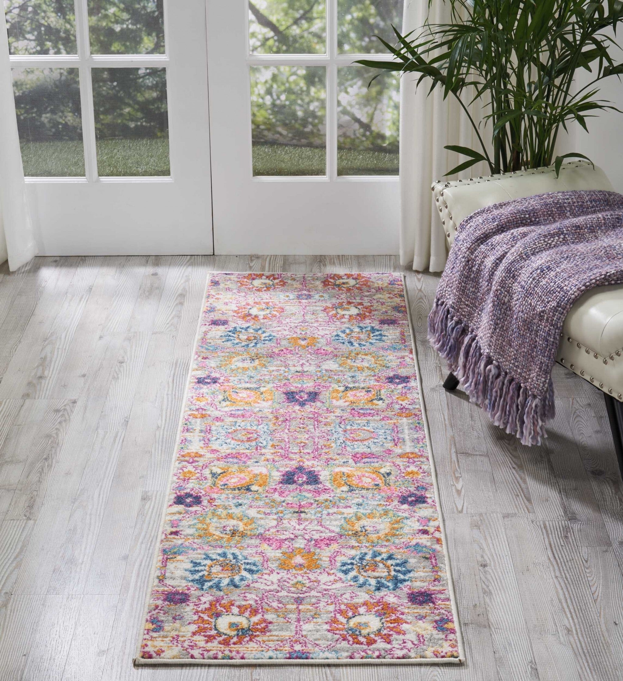 2' X 6' Gray And Pink Distressed Runner Rug