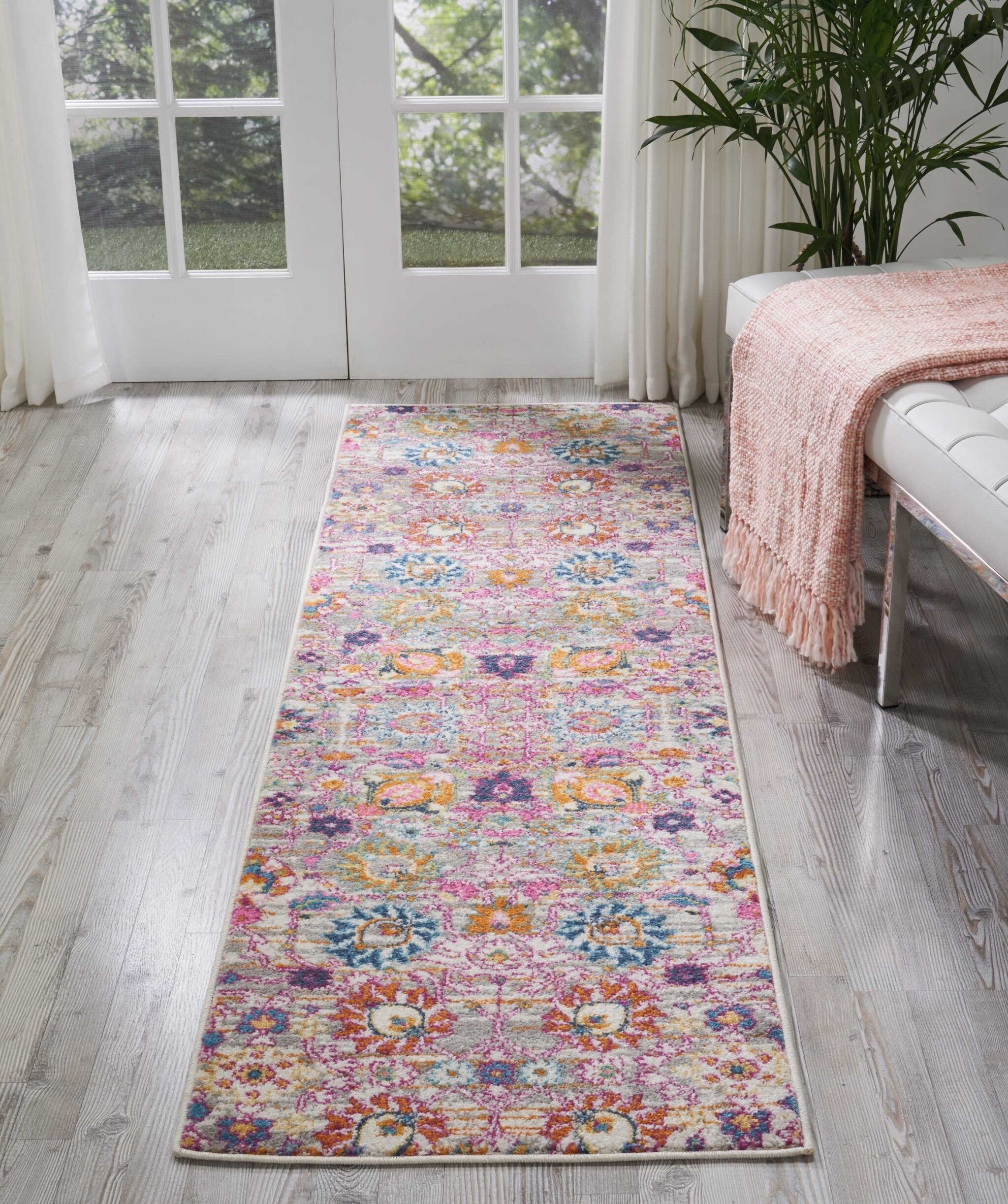 2' X 8' Gray And Pink Distressed Runner Rug