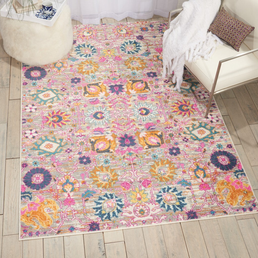 5' X 7' Gray And Pink Distressed Area Rug